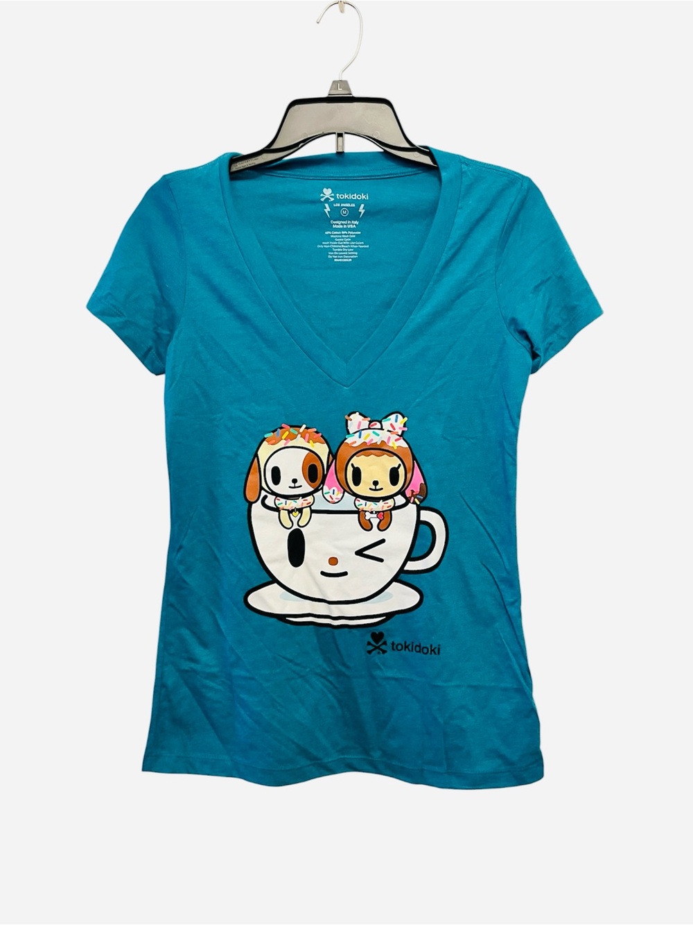 tokidoki Teal V-Neck with Donutino & Donutina in a Cup Graphic Printed Tee